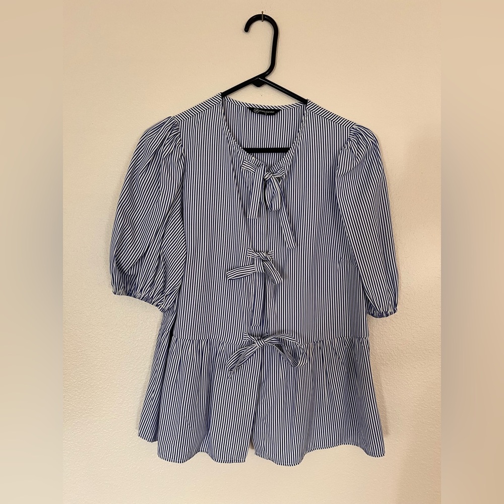 Navy Striped Women's Blouse with Bow Accents